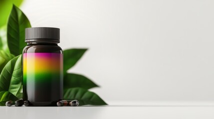Health supplement bottle with vibrant label design, immune booster concept with leafy greens and vitamins