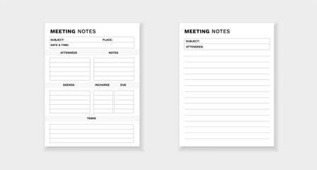 Form for meeting notes. includes sections for agenda, attendees, tasks, and important details.