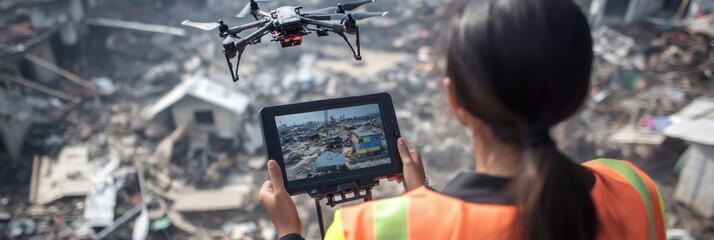Rescue worker using a tablet displaying aerial footage from a drone flying over a disaster zone, assessing earthquake damage and planning relief efforts