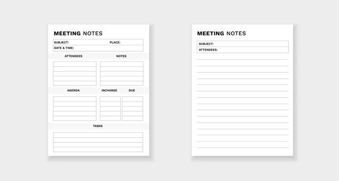 Form for meeting notes. includes sections for agenda, attendees, tasks, and important details.