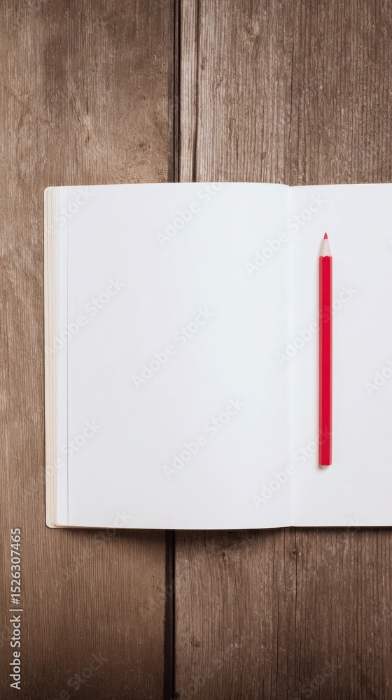 Poster open notebook with red pencil on rustic wooden table, representing creativity, planning, and back to