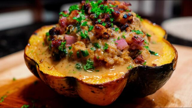 Stuffed acorn squash with sausage and herbs, a delicious autumnal dish.