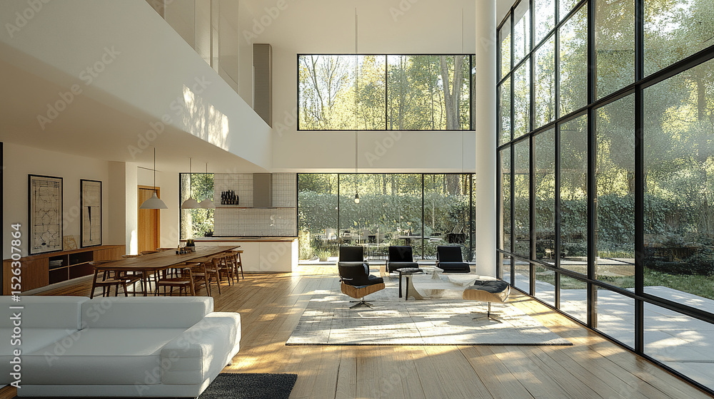 Poster modern open dining room with large windows and natural light, creating serene atmosphere