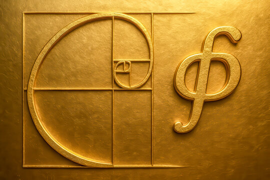 Golden ratio spiral and phi symbol in luxury gold color, classic mathematical proportion for elegant design, creativity, balance, harmony, innovation, premium science background