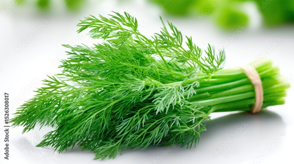 Poster fresh bunch of dill tied with string on a white surface, representing culinary ingredient and health