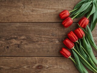 Elegant Red Tulips with Fresh Green Leaves on a Rustic Wood Table, Top View.