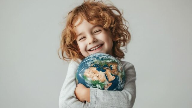 A young Caucasian boy with curly brown hair smiles while hugging a globe. The background is neutral, emphasizing the boy and the globe.