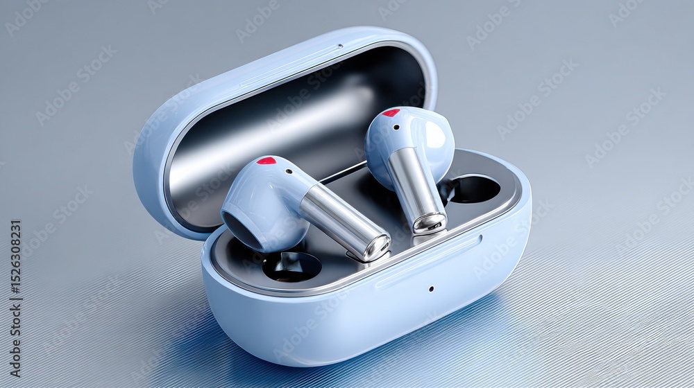 Poster wireless earbuds in charging case, promoting connectivity and modern lifestyle, representing communi