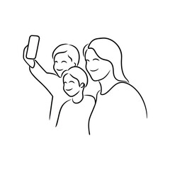 Happy family selfie line drawing mom and two kids