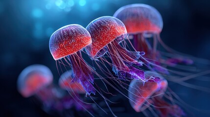 Glowing Jellyfish Floating in Deep Sea, Symbolizing Marine Conservation and Underwater Exploration for Environmental Awareness Campaigns : Generative AI