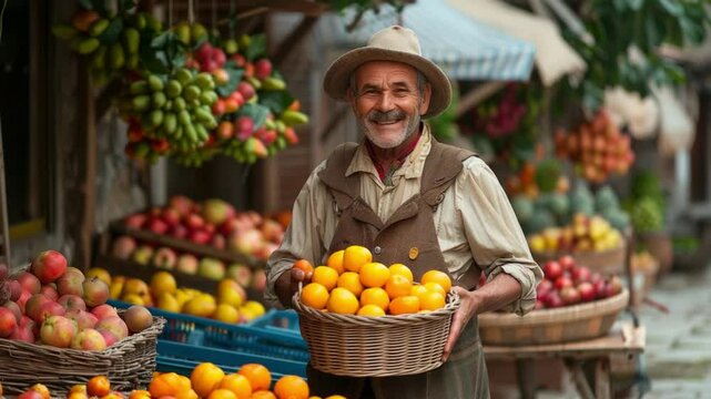 Smiling senior Caucasian man with gray hair wearing a hat stands at a fruit market. Baskets filled with oranges, apples, and various fruits are visible.
