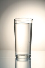 Fresh water in glass on mirror table against gray gradient background