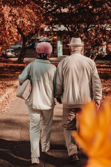 Elderly couple walking in autumn park. Elderly couple in light jackets walks together through peaceful autumn park with golden foliage. Concept of companionship, aging with love, autumn stroll