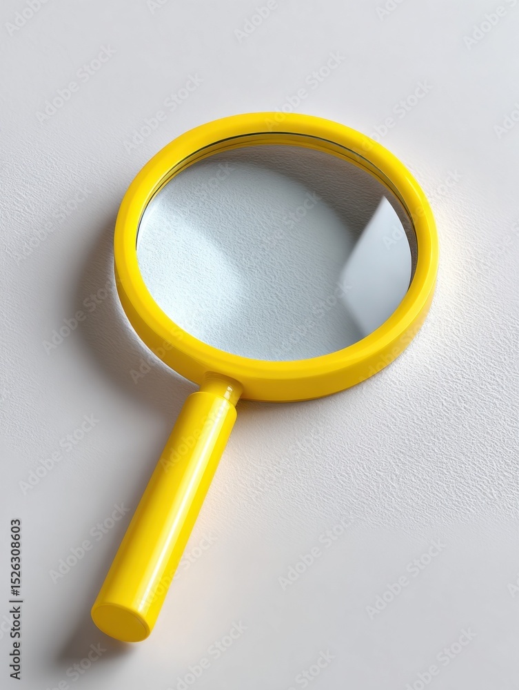 Poster yellow magnifying glass on white surface, representing investigation, research and detailed analysis