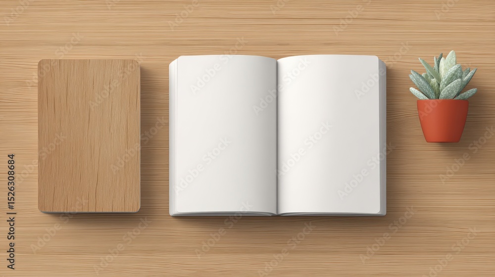 Poster Open Notebook With Blank Pages on Wooden Table, Representing Creativity and Content Creation for Business Planning and Educational Material : Generative AI