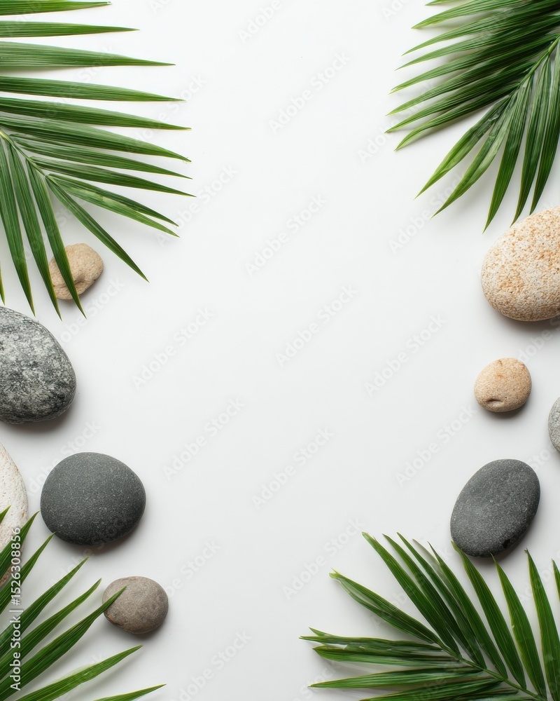 Poster palm leaves and smooth stones on white background, representing wellness and relaxation for spa or m