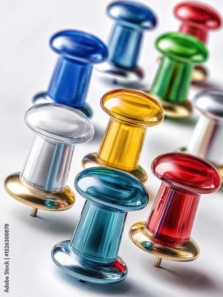 Poster colorful push pins on white background, symbolizing project management and strategic planning for bu