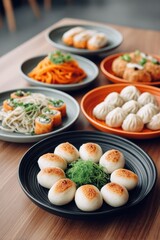 Assortment of Asian Dishes on Plates, Representing Culinary Arts and Food Blogging, Showcasing Dumplings, Noodles, and Sushi Rolls : Generative AI