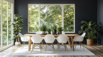 Obraz premium modern dining room featuring wooden table and white chairs, surrounded by greenery