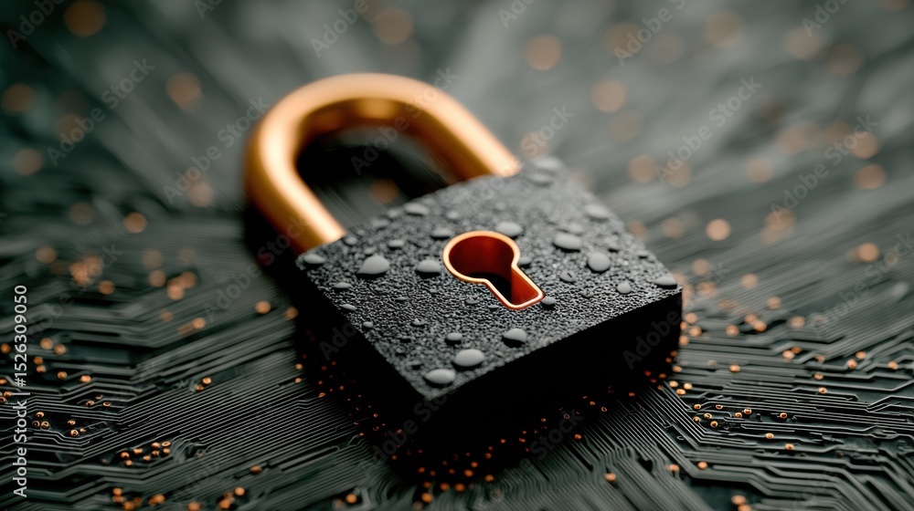 Leinwandbilder Close-Up of Wet Padlock on Circuit Board, Symbolizing Cybersecurity and Data Protection for Business Continuity Planning and Digital Transformation : Generative AI