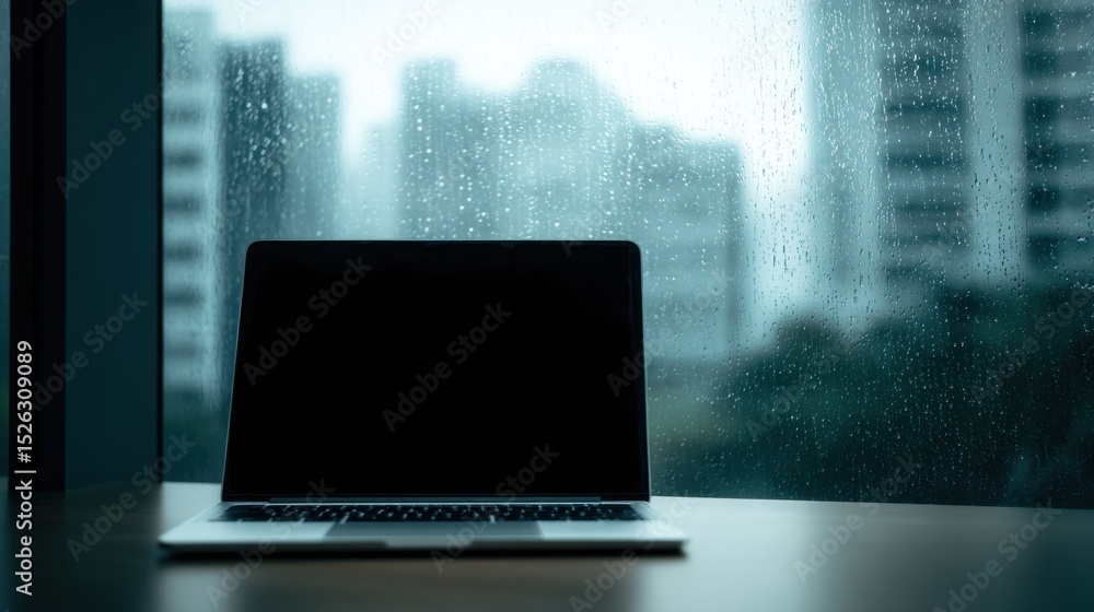 Poster laptop on desk by window on rainy day, representing remote work and digital productivity during bad 