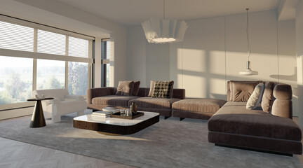 Large luxury modern bright interiors Living room mockup illustration 3D rendering image