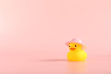 Cute rubber duck in hat on pink background, space for text