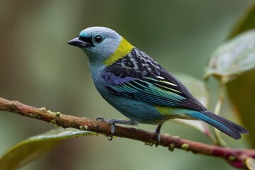 Naklejka premium Colorful Blue Gray Tanager Perched on Branch, Highlighting Wildlife Conservation and Biodiversity Awareness, Perfect for Environmental Education Materials : Generative AI