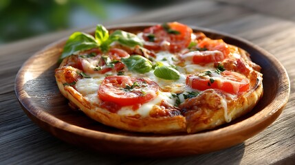Freshly Baked Margherita Pizza with Tomato Slices and Basil Leaves on a Wooden Plate