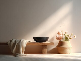 Minimalist Interior With Wooden Bench, Bowl, and Flowers, Evoking Tranquility and Representing Home Decor Inspiration : Generative AI