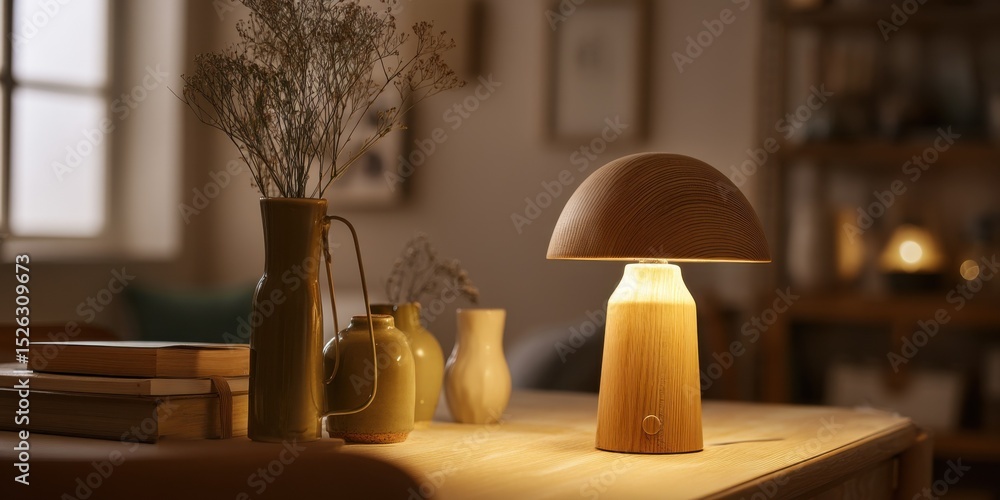 Poster wooden mushroom lamp casting warm light on table with books and vases, representing serenity and hom