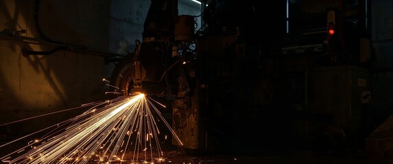 Intense Sparks Flying from a Heavy Industrial Grinding Machine in a Dark Factory.