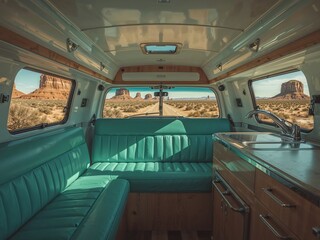 Fototapeta premium Inside a Vintage Camper Van. View of Monument Valley, Utah, Road Trip Adventure.