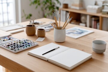 Artist's Desk With Watercolor Paints and Open Sketchbook, Illustrating Creativity and Artistic Expression for Hobby Projects and Creative Pursuits : Generative AI