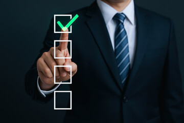 sales representative outfitted in tailored dark coat touching first option on sleek virtual checklist. featuring luminous green check mark indicating selection approval