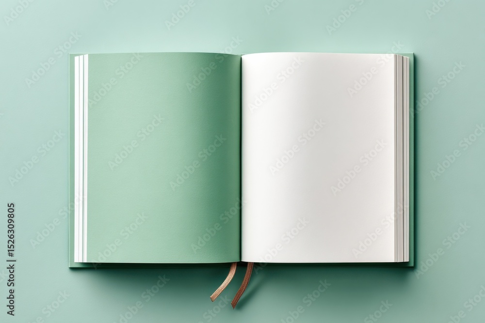Poster open notebook with blank pages on green background, representing creativity and journaling, ideal fo