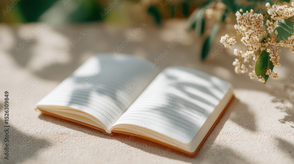 Poster Open Notebook on a Sandy Surface With Flowers, Evoking Tranquility and a Space for Creative Writing and Personal Reflection : Generative AI