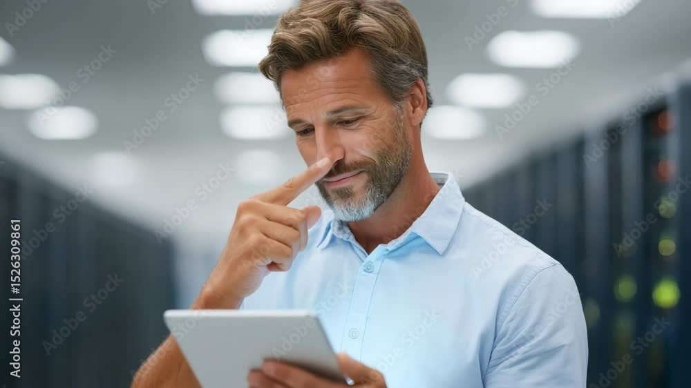 Poster modern communication thoughtful man engaging with technology and data center innovations using table