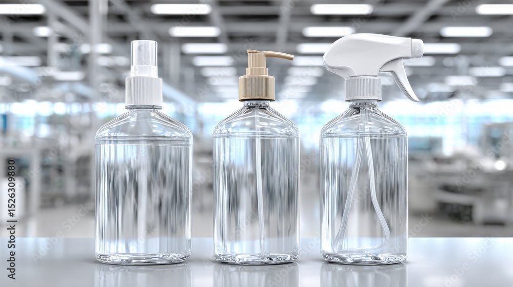 Poster Three Clear Plastic Bottles on a Table in a Factory, Emphasizing Hygiene and Sanitization for Workplace Safety : Generative AI