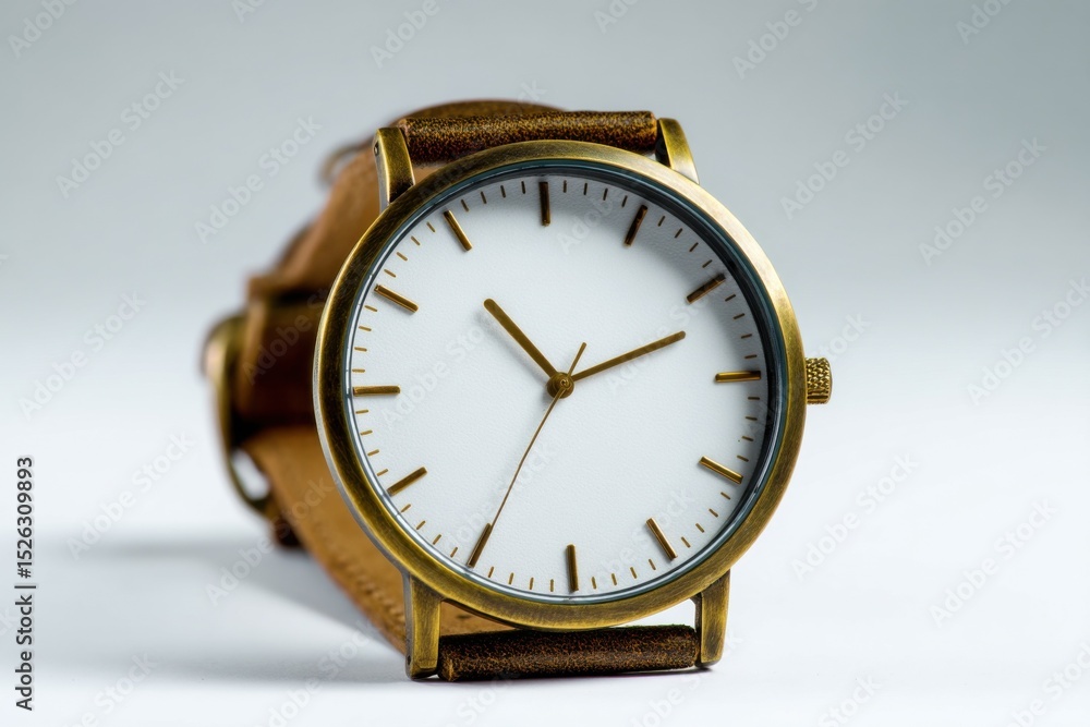 Poster elegant wristwatch with leather strap against white backdrop, symbolizing punctuality and time manag