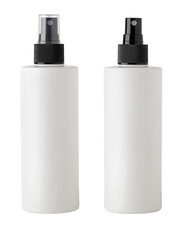 White blank plastic spray bottles for cosmetics product mockup standing on white background