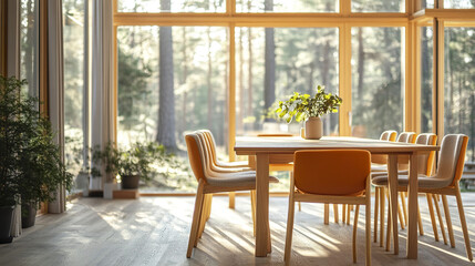 bright Scandinavian dining room featuring wooden table and orange chairs, surrounded by nature