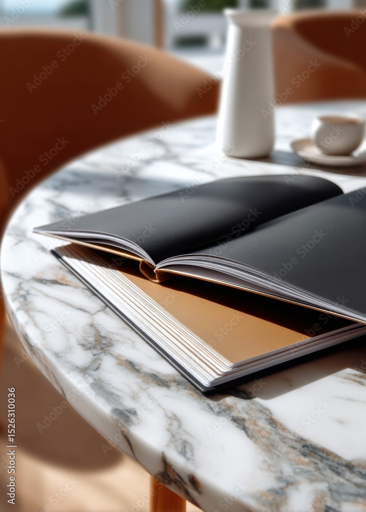 Aufkleber open book on marble table with coffee cup, representing knowledge and creative inspiration for publi