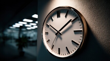 Office Clock on Wall in Modern Interior, Symbolizing Punctuality and Time Management for Business Productivity, and Meeting Deadlines : Generative AI