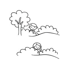 Happy children hiding in bushes line drawing illustration