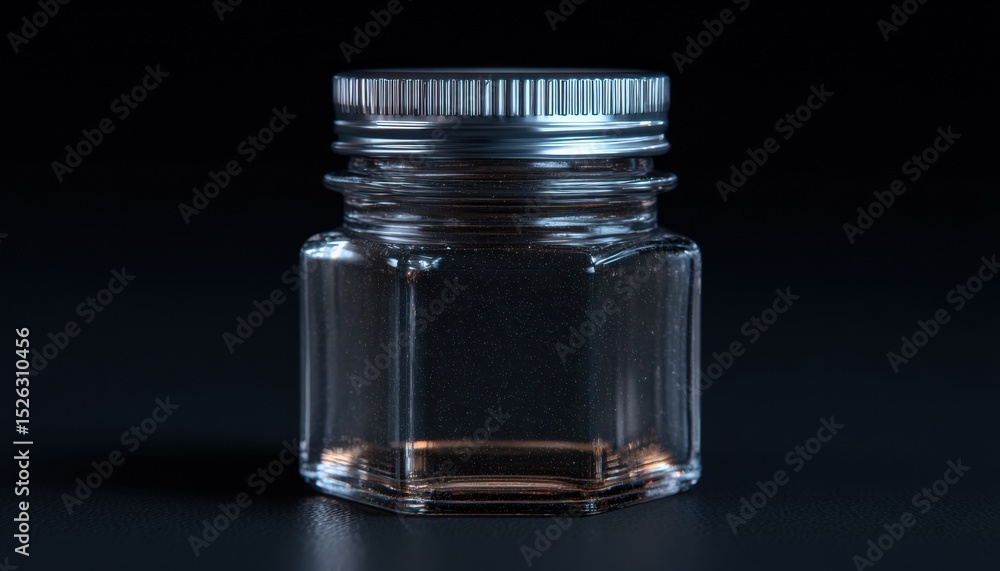 Poster empty glass jar on dark background, symbolizing minimalism and sustainable packaging solutions for p