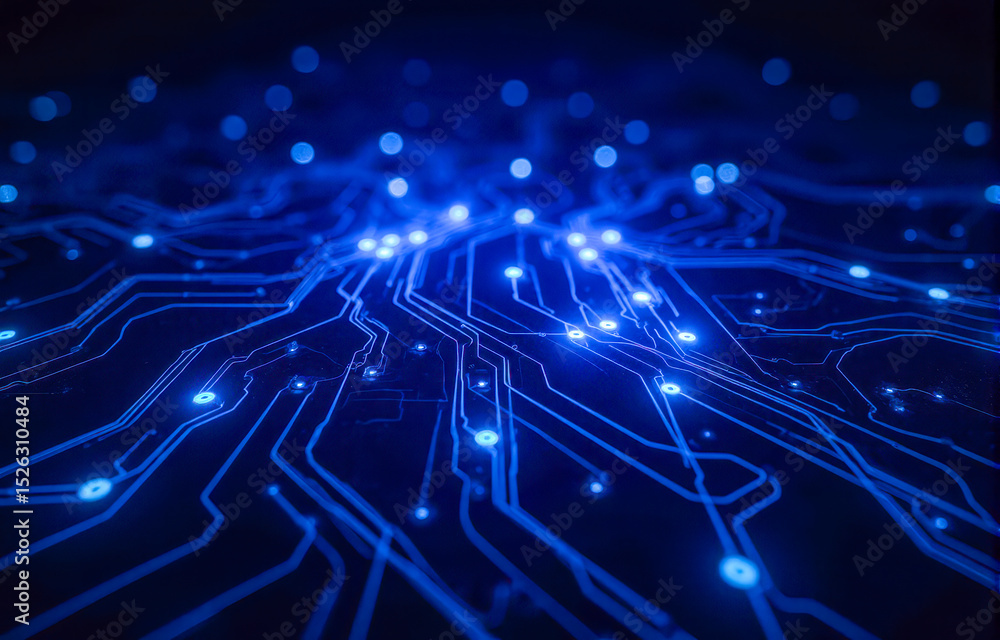 Poster digital data transfer with blue neon circuit lines on dark background for blockchain, artificial int