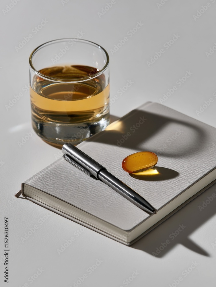 Poster glass of whiskey with pen and notebook on white table, representing relaxation and planning for busi
