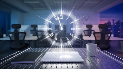 Office desk with notebook coffee mug and clock overlay symbolizing time management and productivity