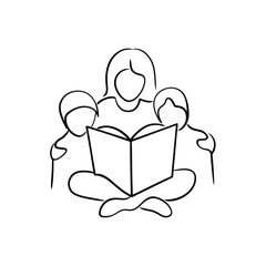 Woman reading book to two children line drawing illustration